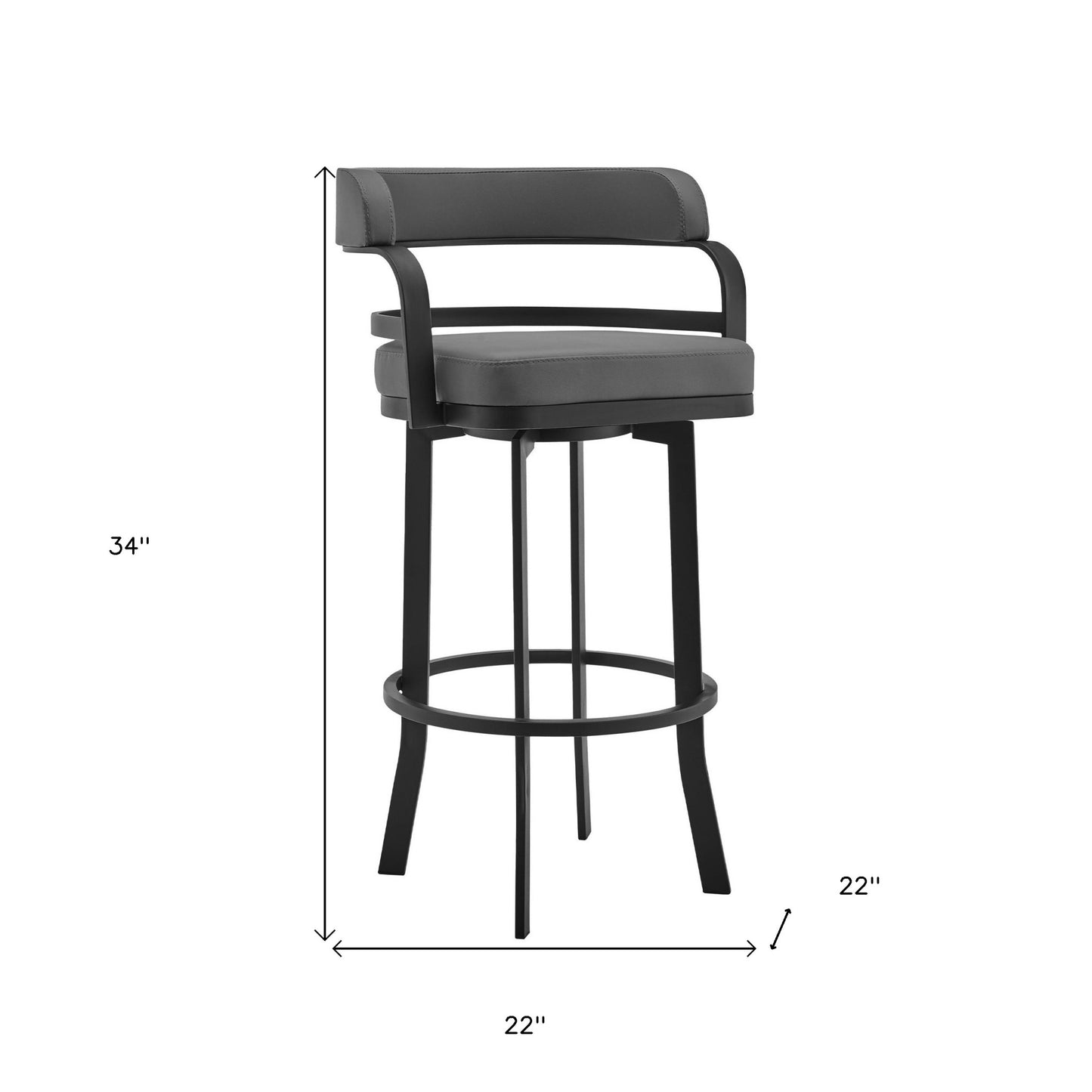 34" Gray And Black Faux Leather And Iron Swivel Low Back Counter Height Bar Chair With Footrest