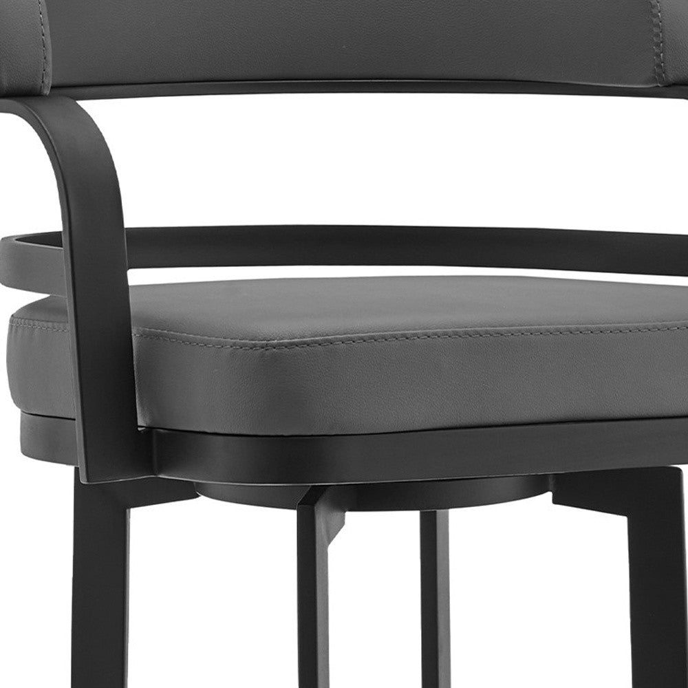 34" Gray And Black Faux Leather And Iron Swivel Low Back Counter Height Bar Chair With Footrest