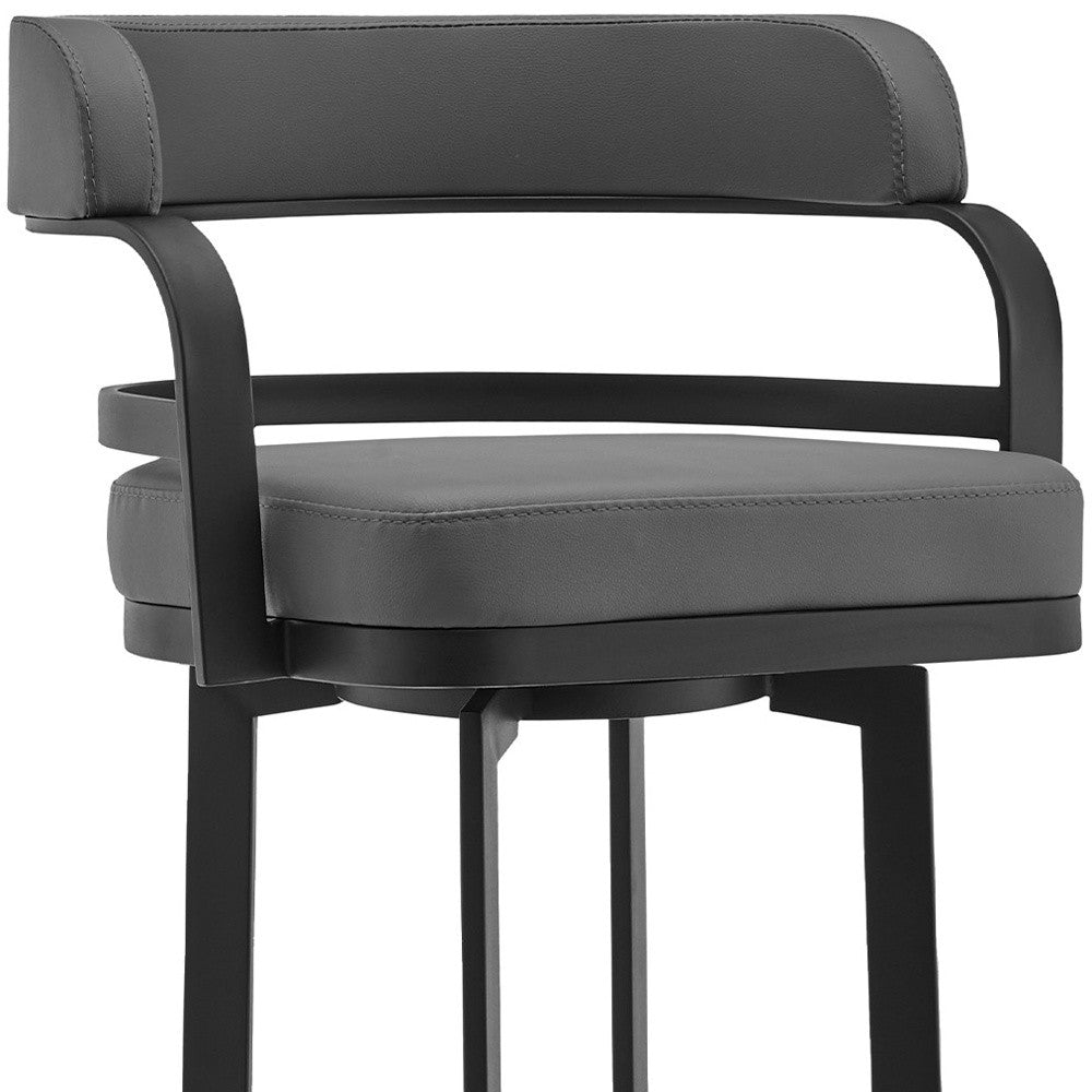 34" Gray And Black Faux Leather And Iron Swivel Low Back Counter Height Bar Chair With Footrest