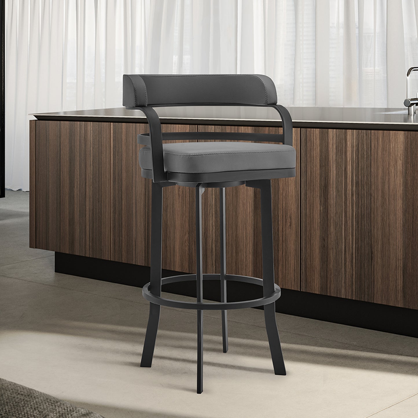 34" Gray And Black Faux Leather And Iron Swivel Low Back Counter Height Bar Chair With Footrest