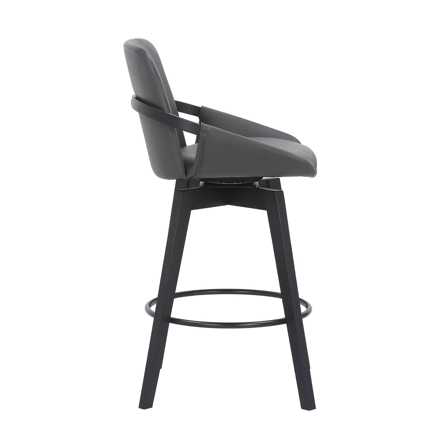 27" Gray and Black Faux Leather Swivel Low Back Bar Height Bar Chair with Footrest