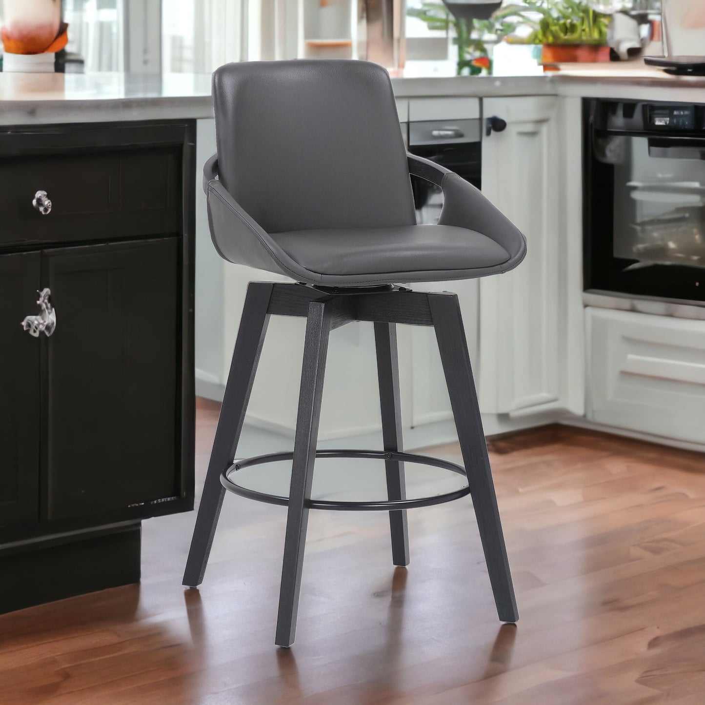 27" Gray and Black Faux Leather Swivel Low Back Bar Height Bar Chair with Footrest