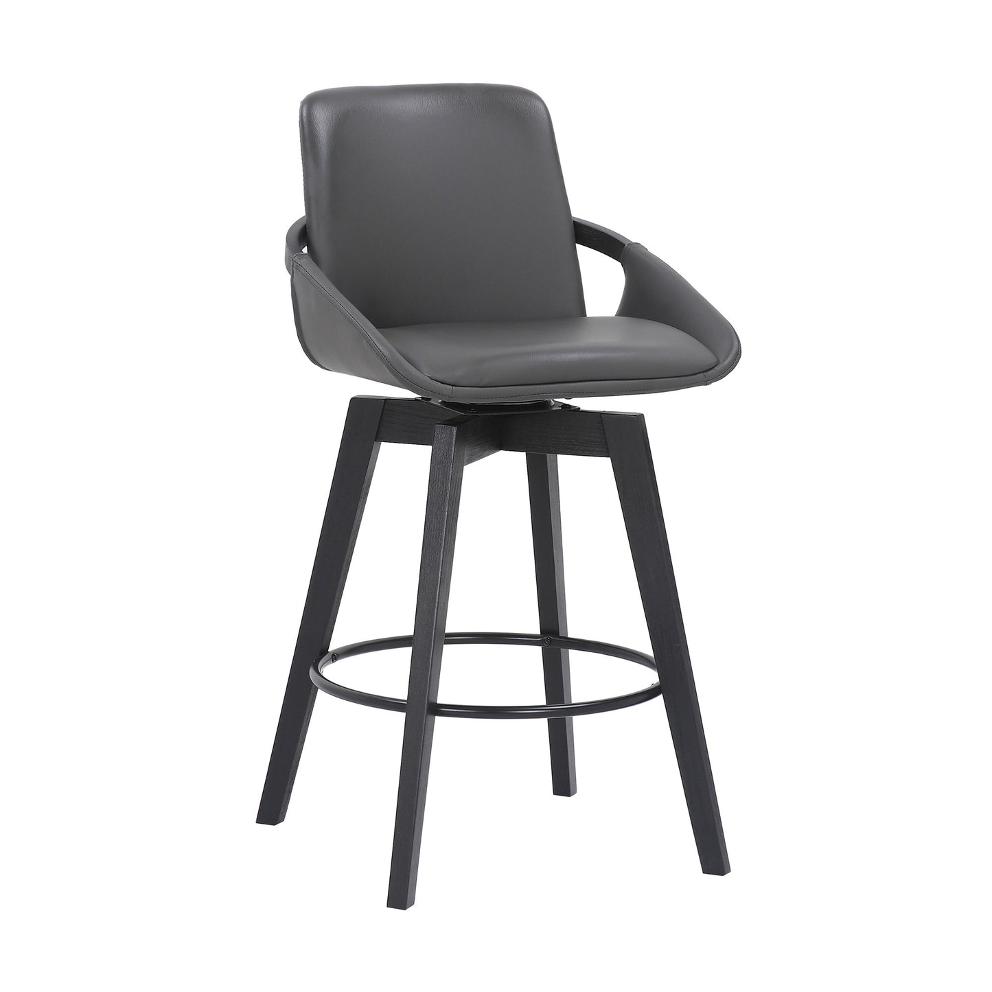 27" Gray and Black Faux Leather Swivel Low Back Bar Height Bar Chair with Footrest