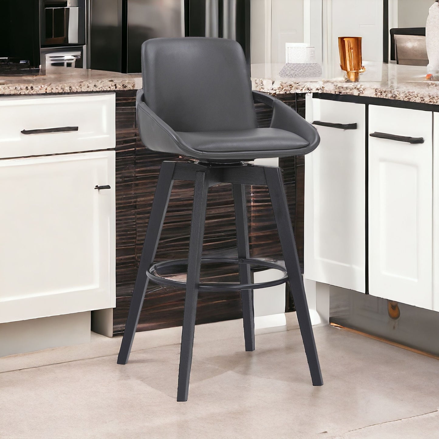 30" Luxurious Grey Faux Leather and Black Wood Swivel Bar Stool