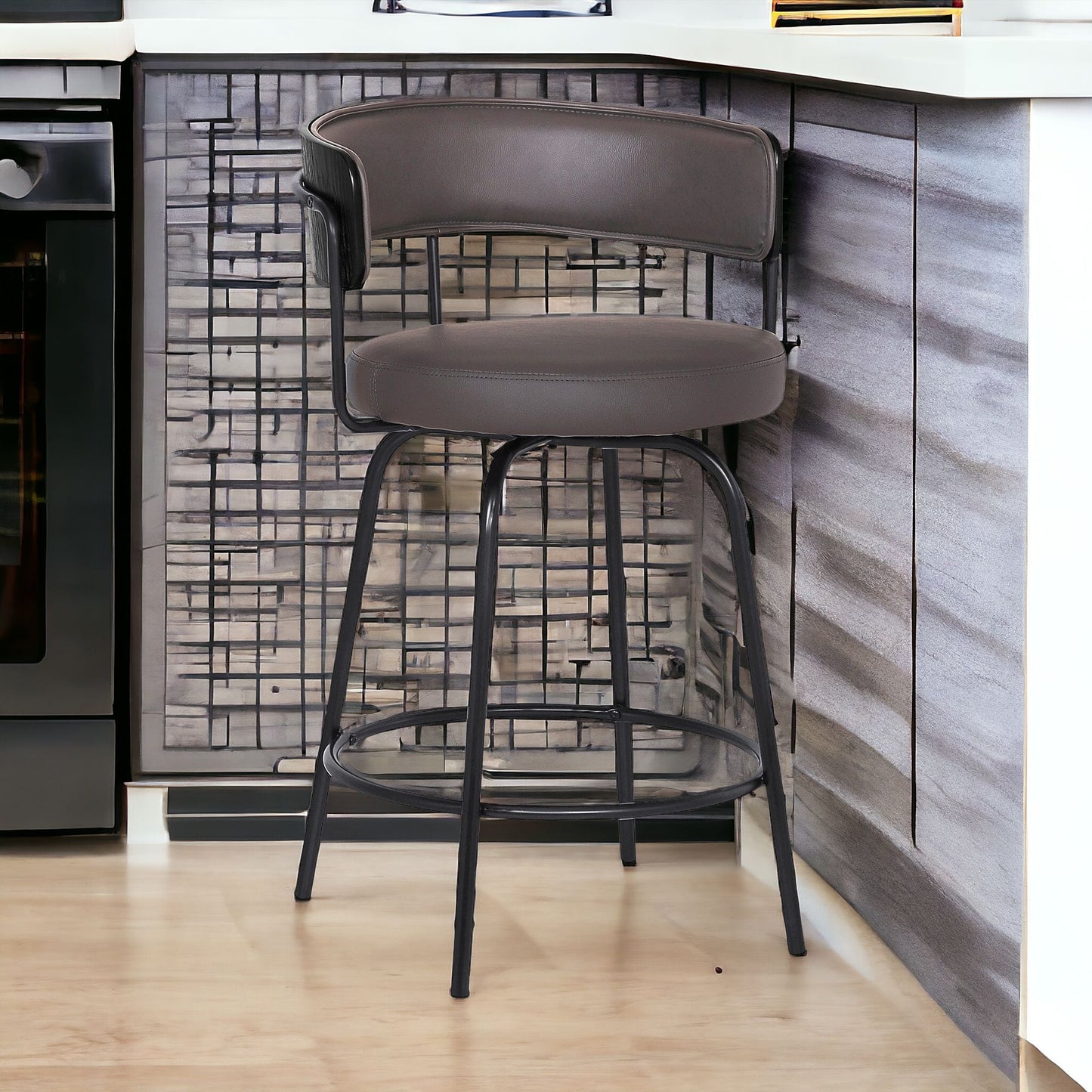 26" Gray And Black Faux Leather Swivel Counter Height Bar Chair