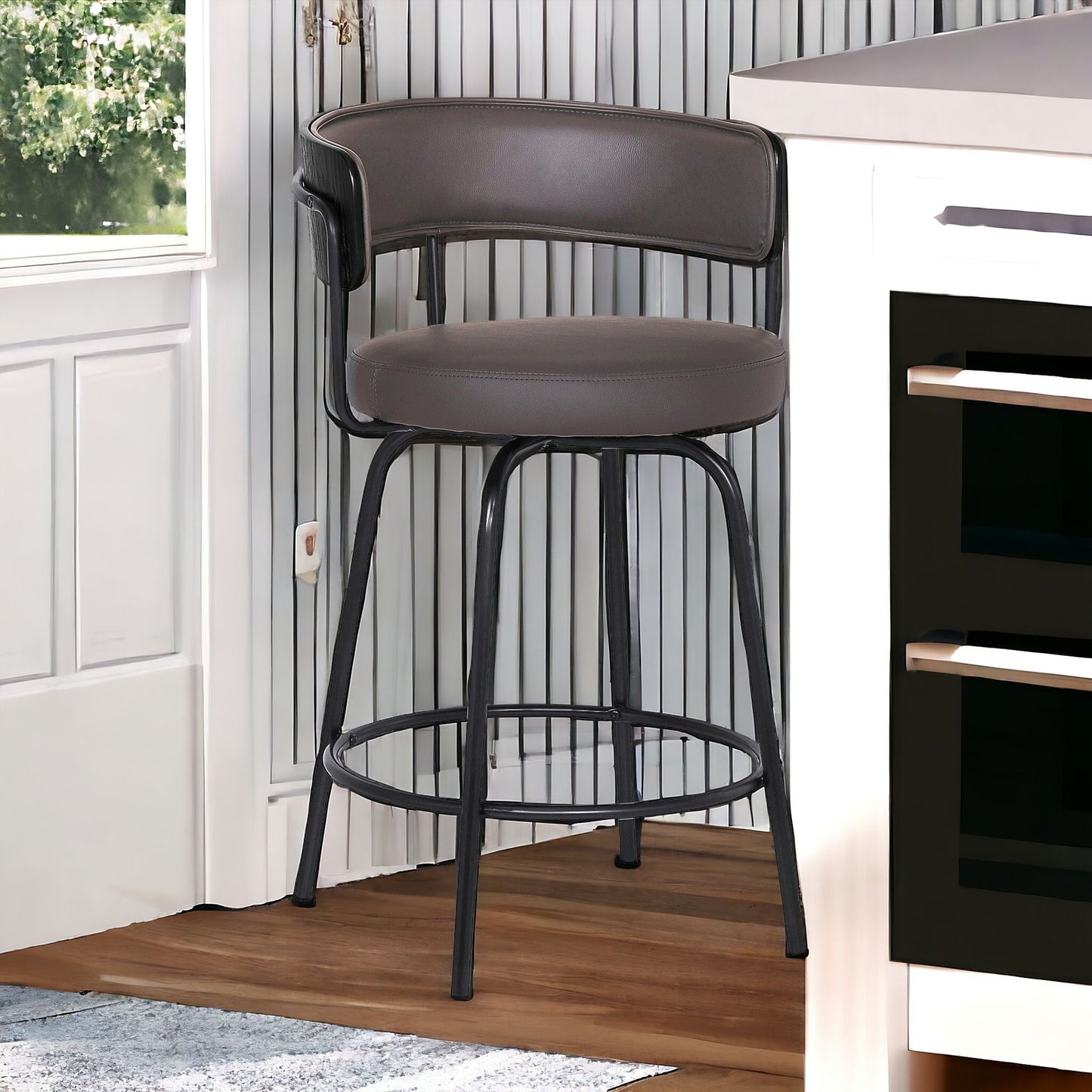 26" Gray And Black Faux Leather Swivel Counter Height Bar Chair