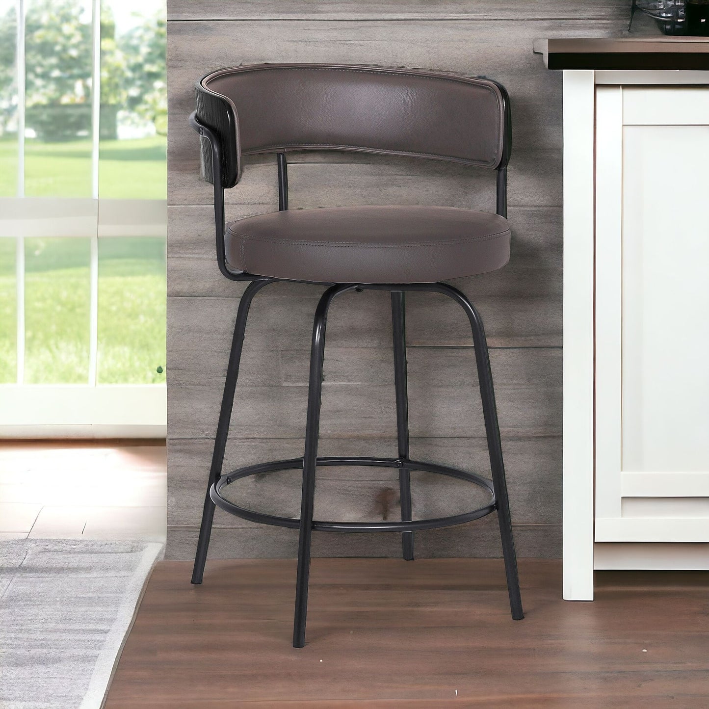 26" Gray And Black Faux Leather Swivel Counter Height Bar Chair