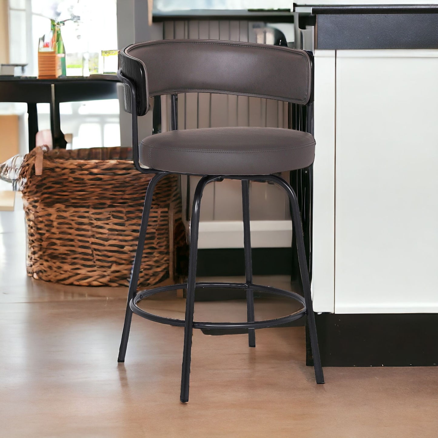 26" Gray And Black Faux Leather Swivel Counter Height Bar Chair