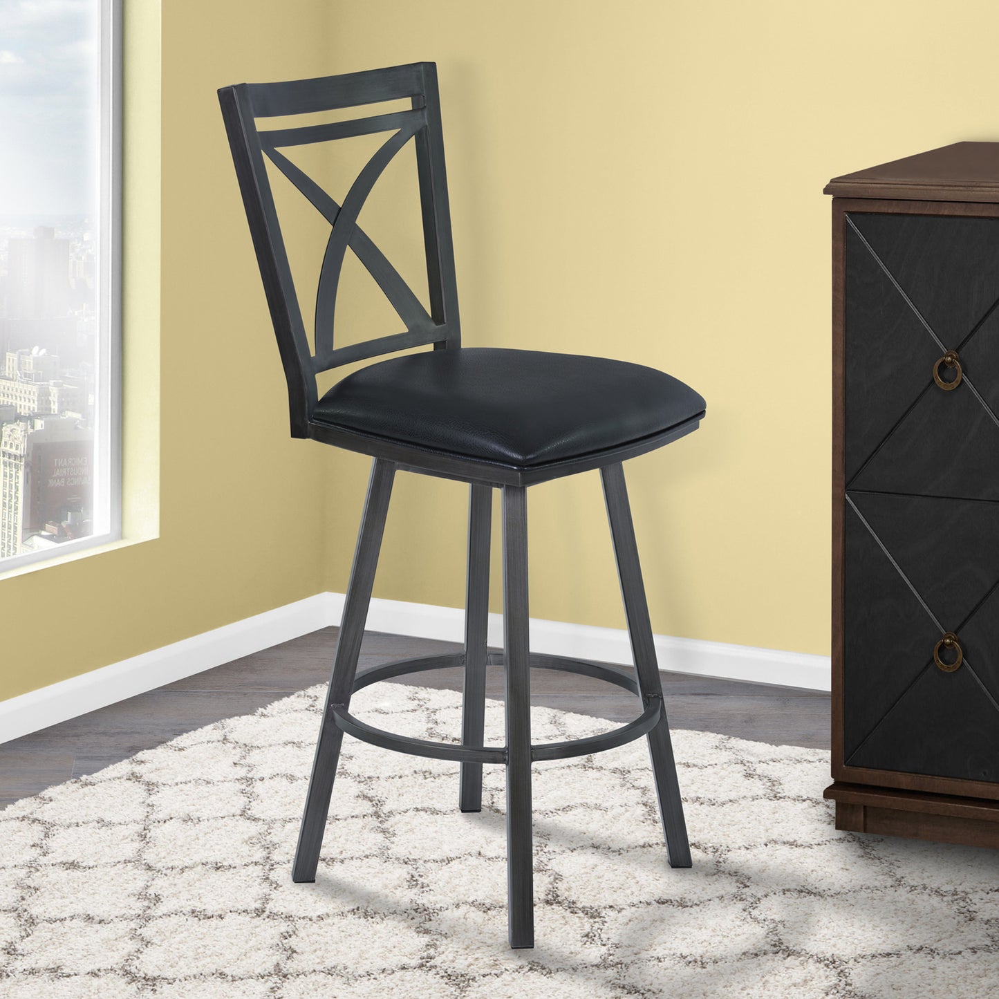 46" Black Faux Leather And Iron Swivel Bar Height Chair