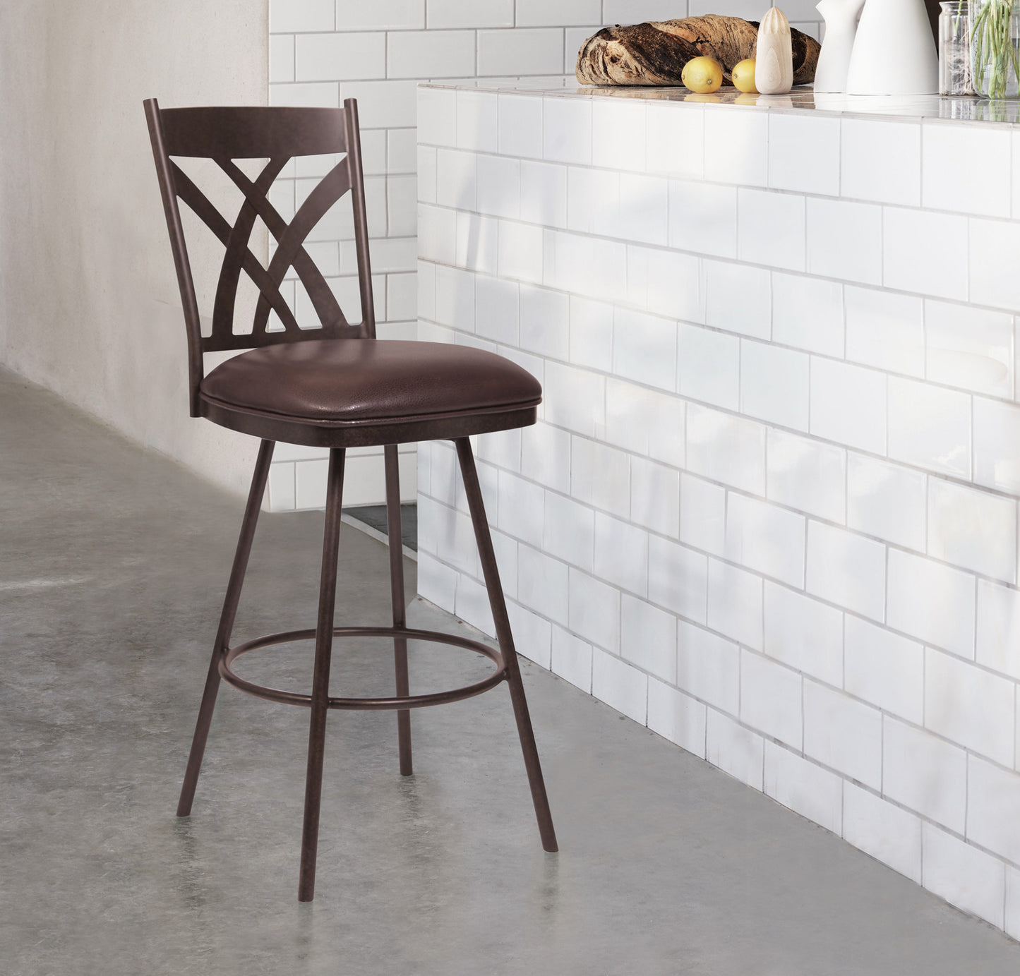 26" Stylish Brown Faux Leather Brown Metal Lattice Back Swivel Bar Stool