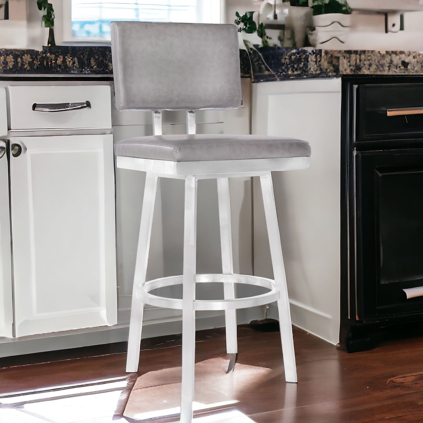 26" Vintage Gray on Stainless Faux Leather Rectangular Swivel Armless Barstool