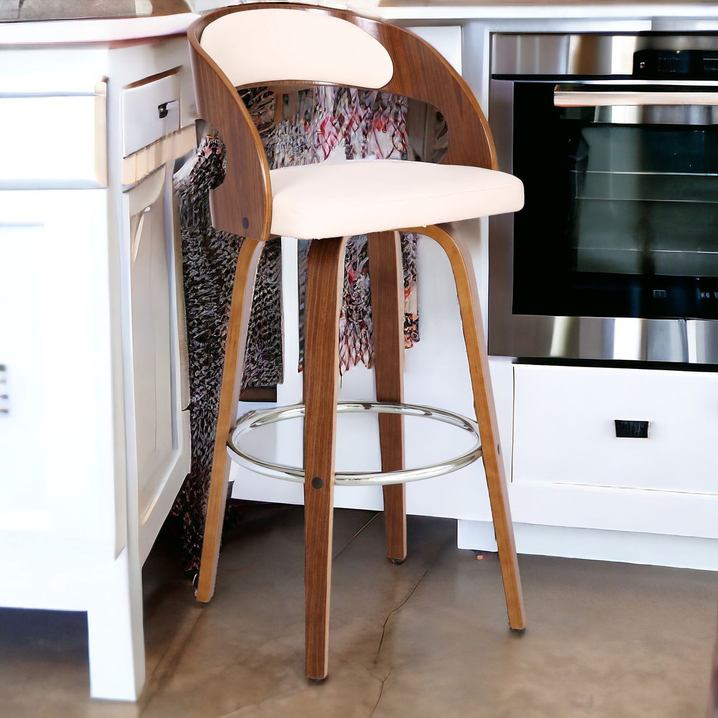 41" Cream And Brown Iron Swivel Low Back Bar Height Chair With Footrest