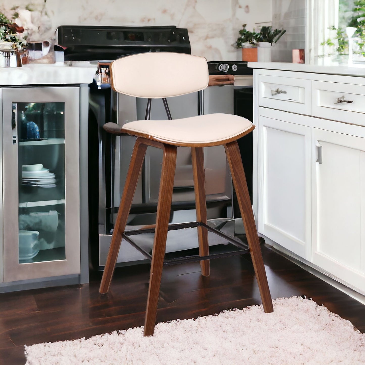 26" Cream Faux Leather Mid Century Modern Bar Stool