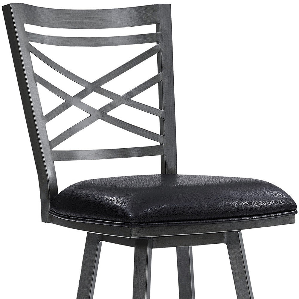 30" Transitional Black Faux Leather Metal Cross Back Bar Stool