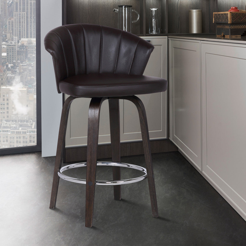 26" Dark Brown Faux Leather and Rustic Wood Back Swivel Bar Stool