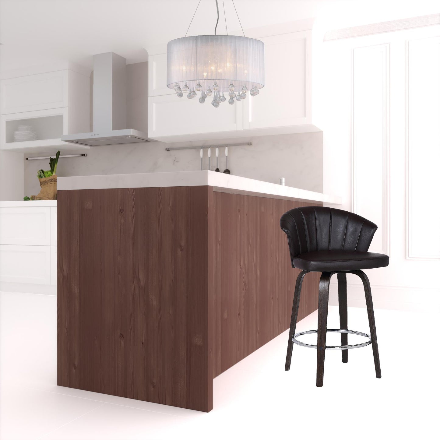 26" Dark Brown Faux Leather and Rustic Wood Back Swivel Bar Stool