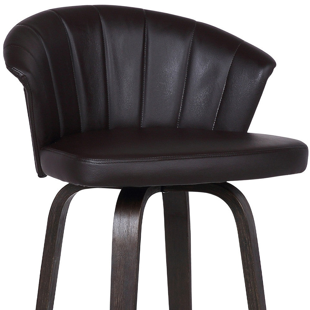 30" Dark Brown Faux Leather and Rustic Wood Back Swivel Bar Stool