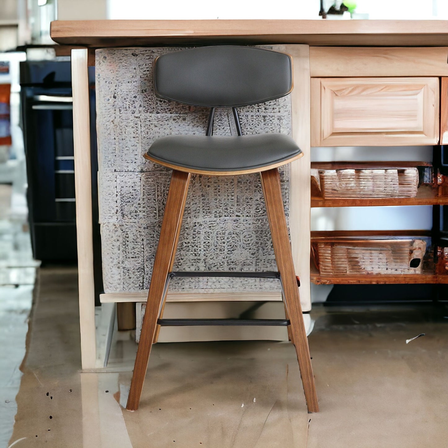 36" Gray And Brown Iron Low Back Counter Height Bar Chair With Footrest