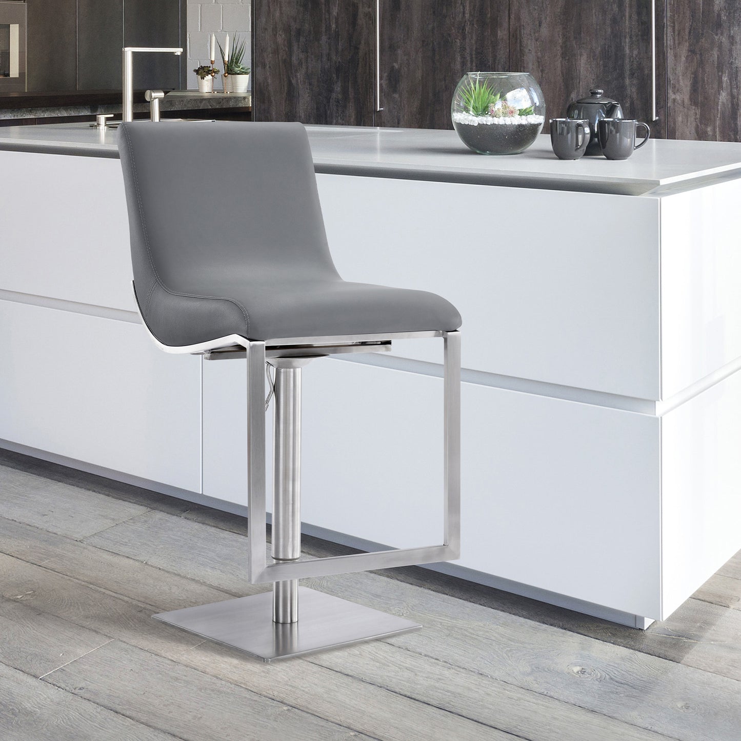 47" Gray Faux Leather And Iron Swivel Adjustable Height Bar Chair