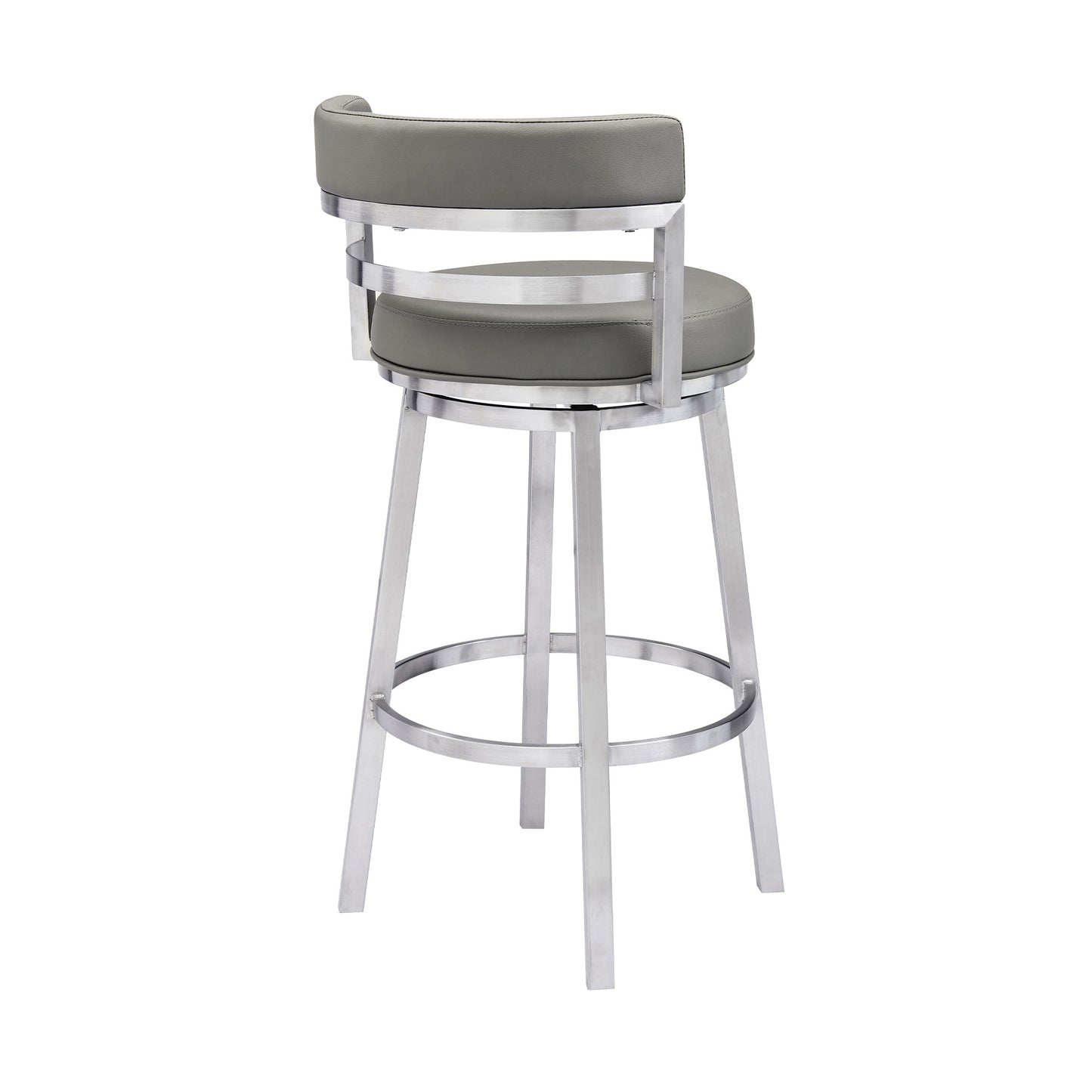 39" Gray Faux Leather And Stainless Swivel Low Back Bar Height Chair