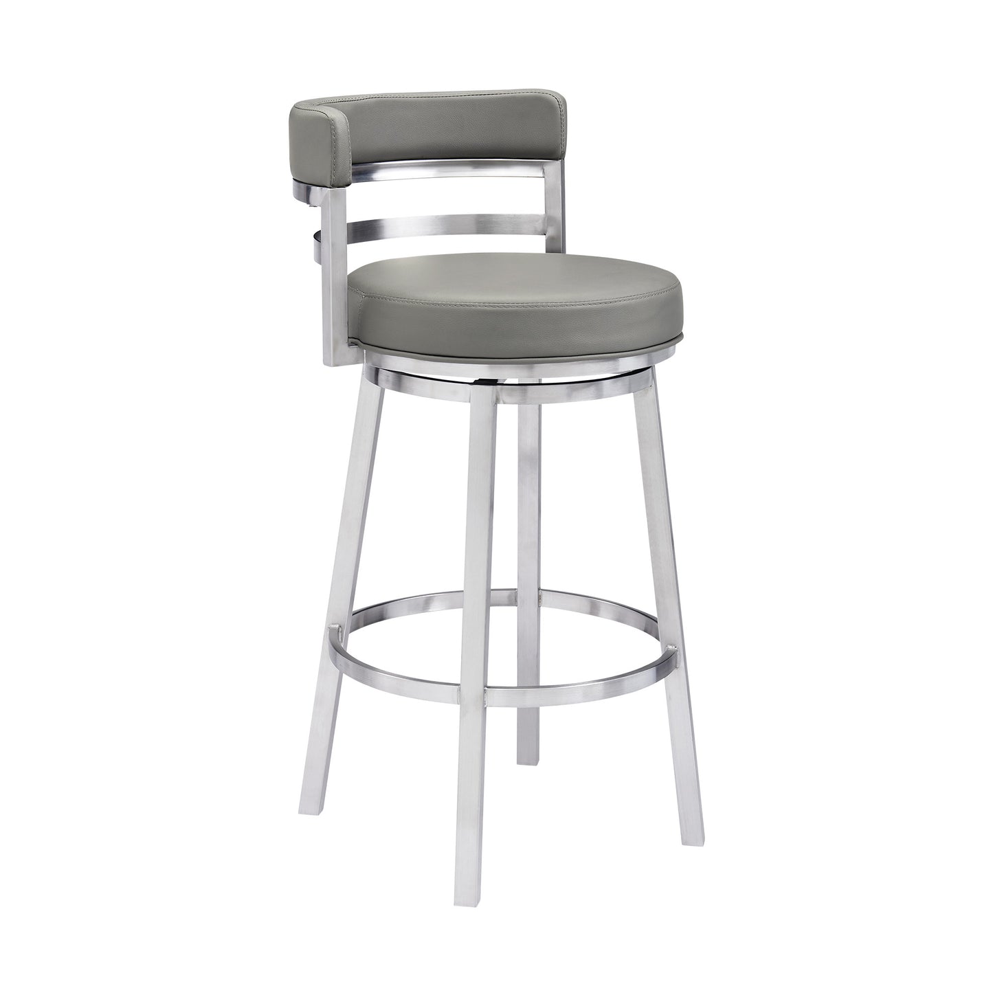 39" Gray Faux Leather And Stainless Swivel Low Back Bar Height Chair