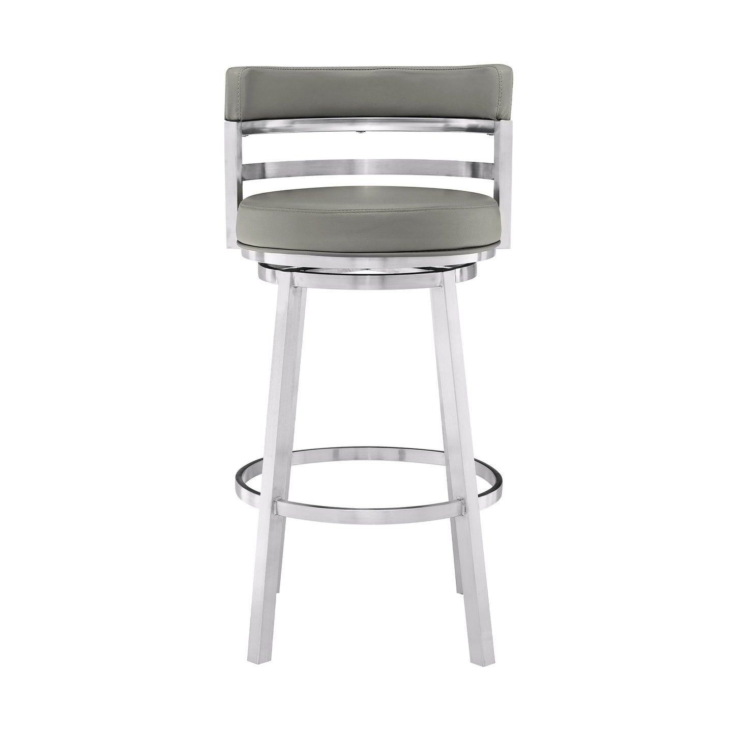39" Gray Faux Leather And Stainless Swivel Low Back Bar Height Chair