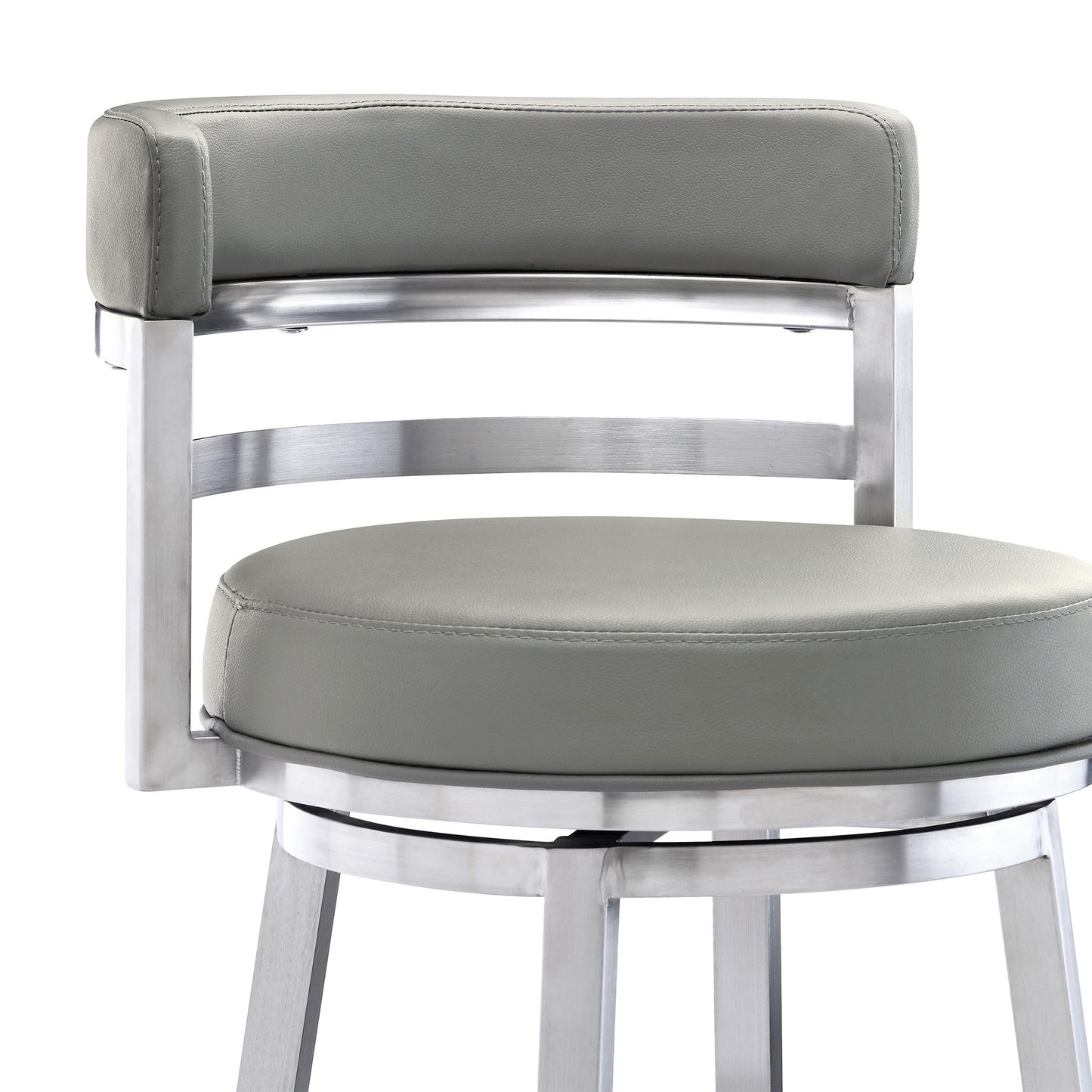 39" Gray Faux Leather And Stainless Swivel Low Back Bar Height Chair