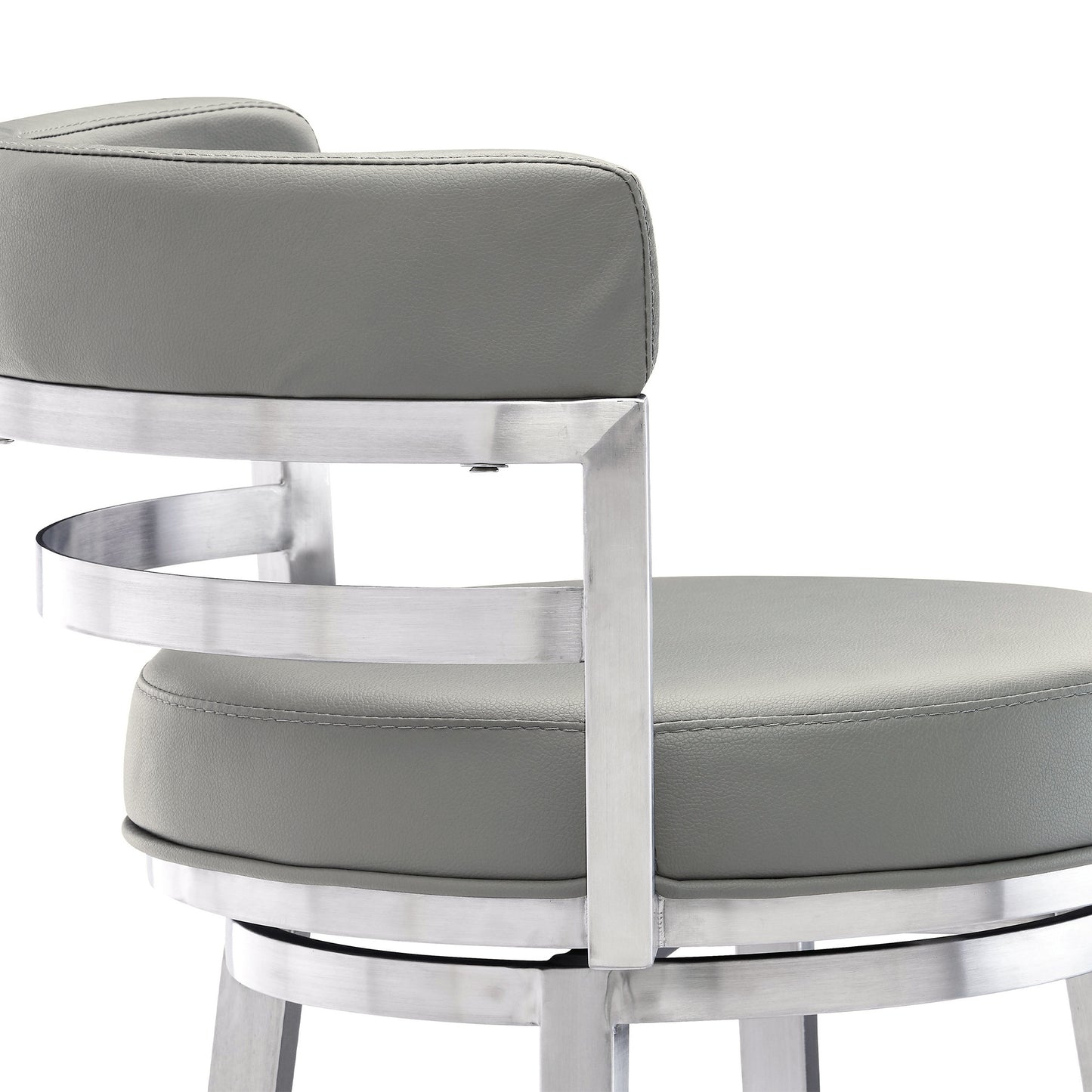 39" Gray Faux Leather And Stainless Swivel Low Back Bar Height Chair