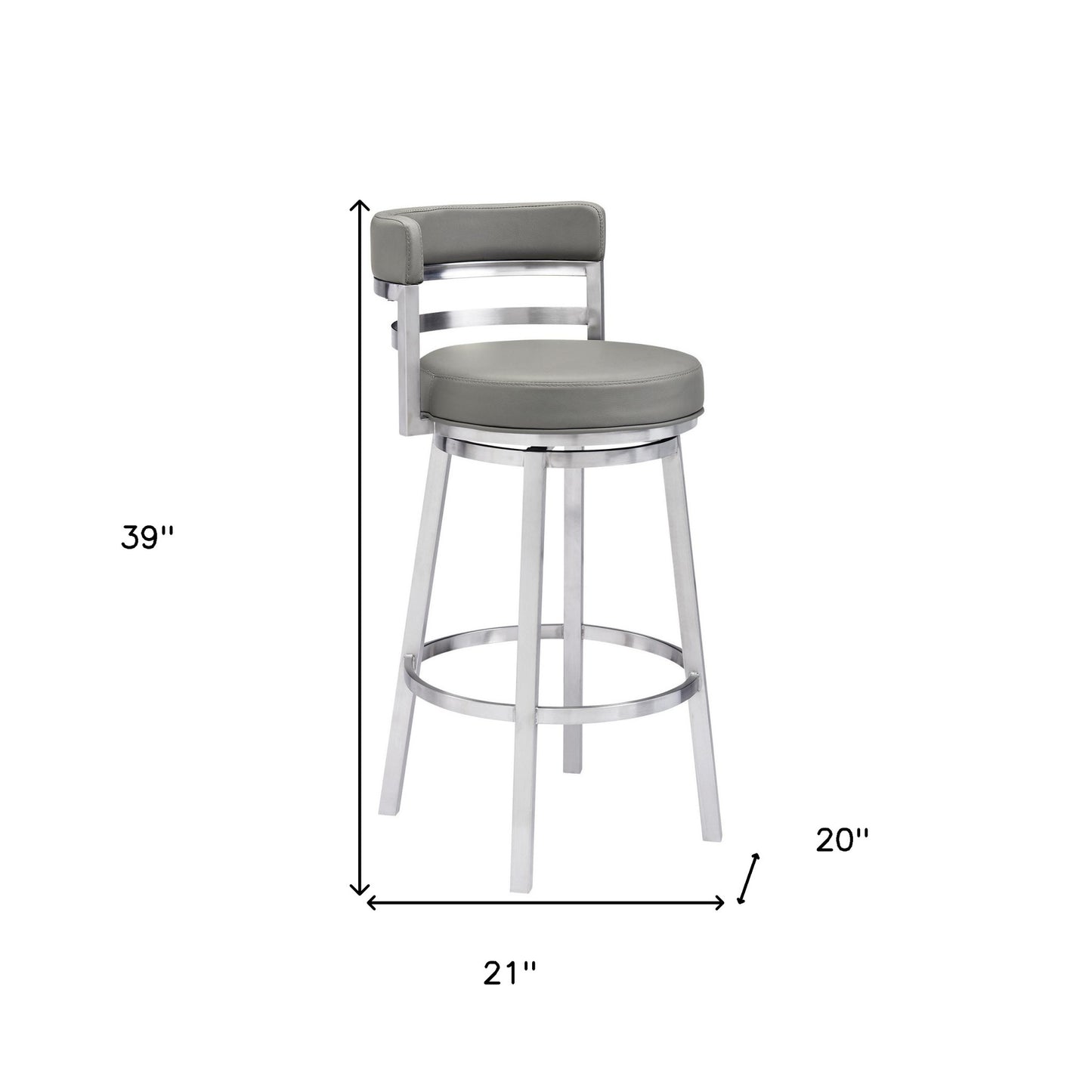 39" Gray Faux Leather And Stainless Swivel Low Back Bar Height Chair