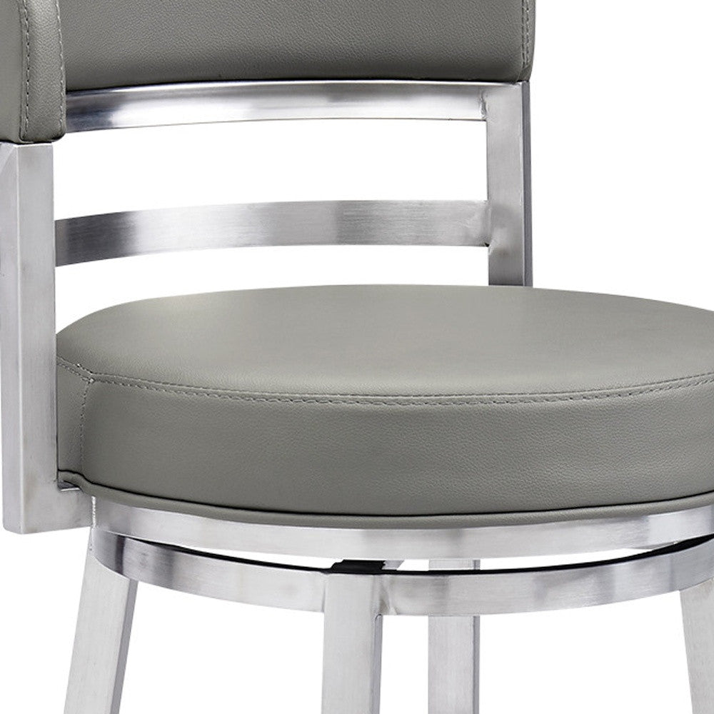 39" Gray Faux Leather And Stainless Swivel Low Back Bar Height Chair