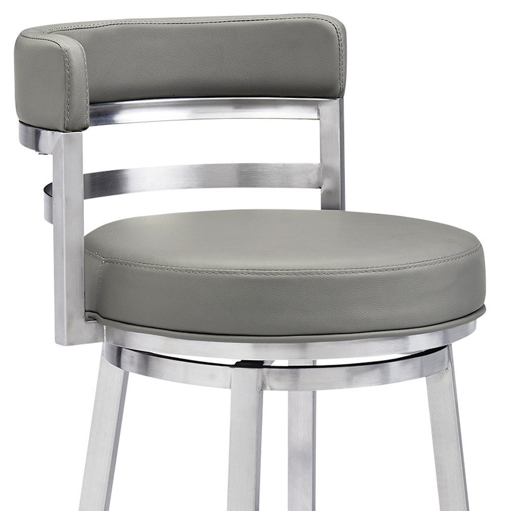 39" Gray Faux Leather And Stainless Swivel Low Back Bar Height Chair