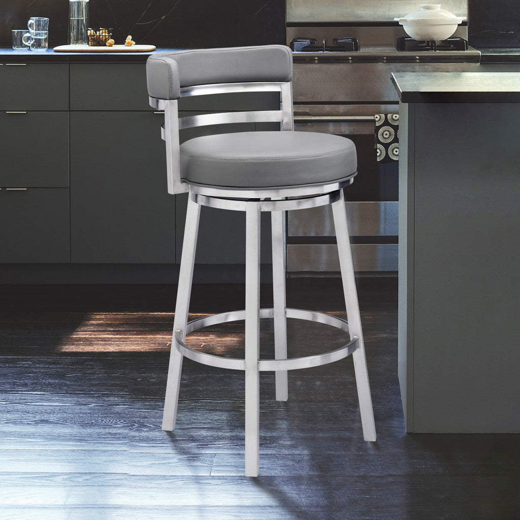 35" Gray Faux Leather And Iron Swivel Low Back Counter Height Bar Chair