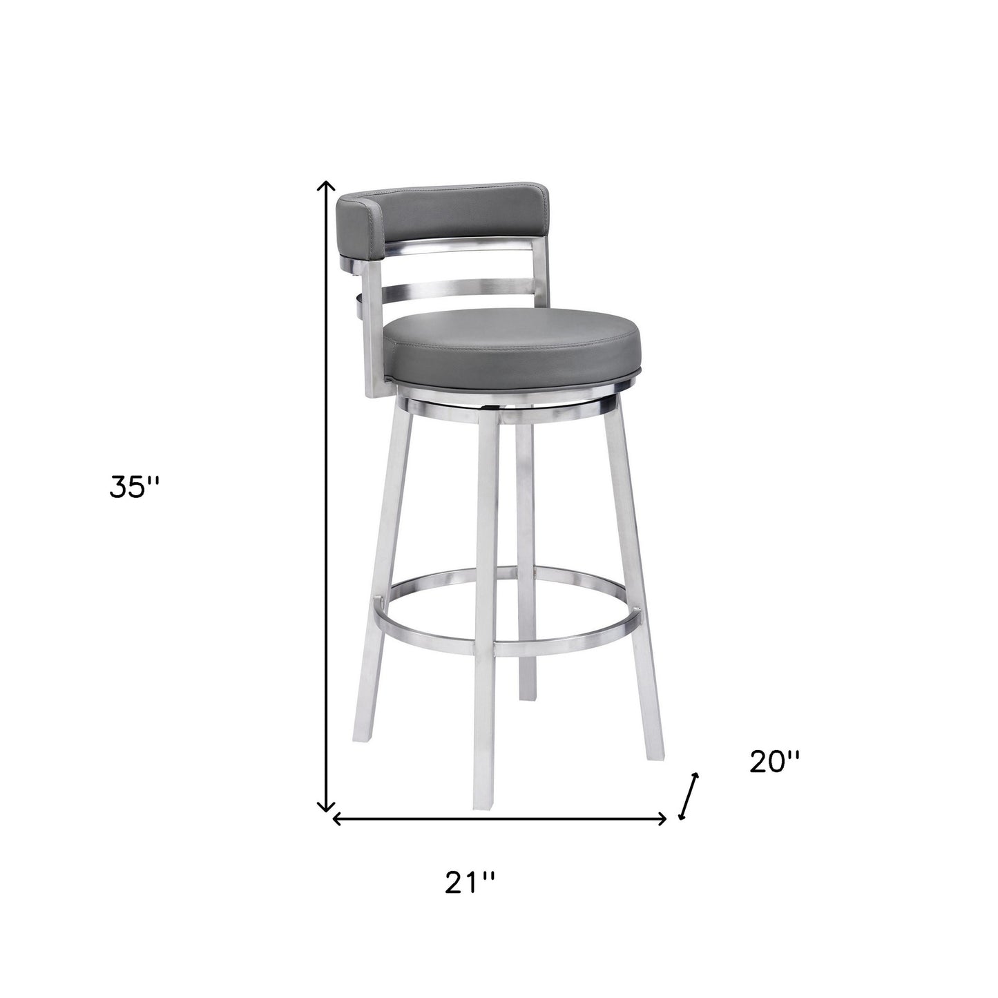35" Gray Faux Leather And Iron Swivel Low Back Counter Height Bar Chair