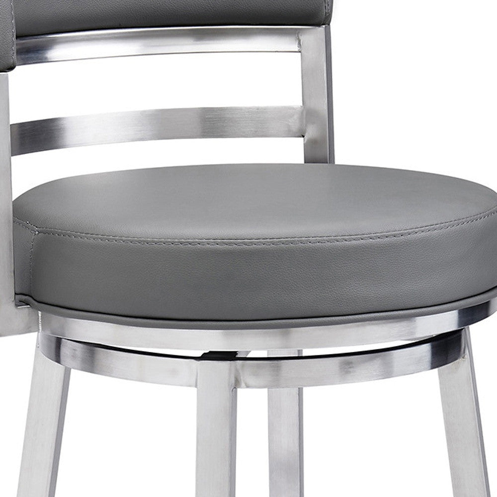 35" Gray Faux Leather And Iron Swivel Low Back Counter Height Bar Chair
