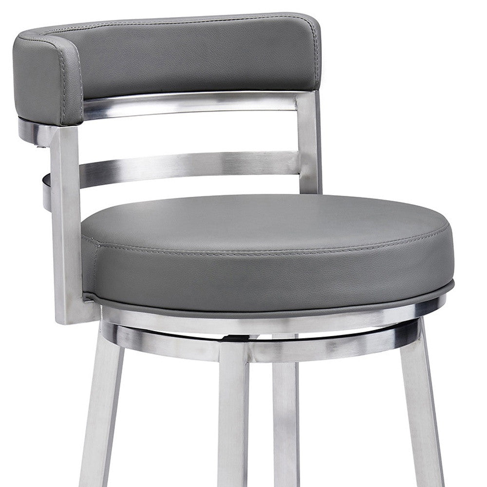 35" Gray Faux Leather And Iron Swivel Low Back Counter Height Bar Chair