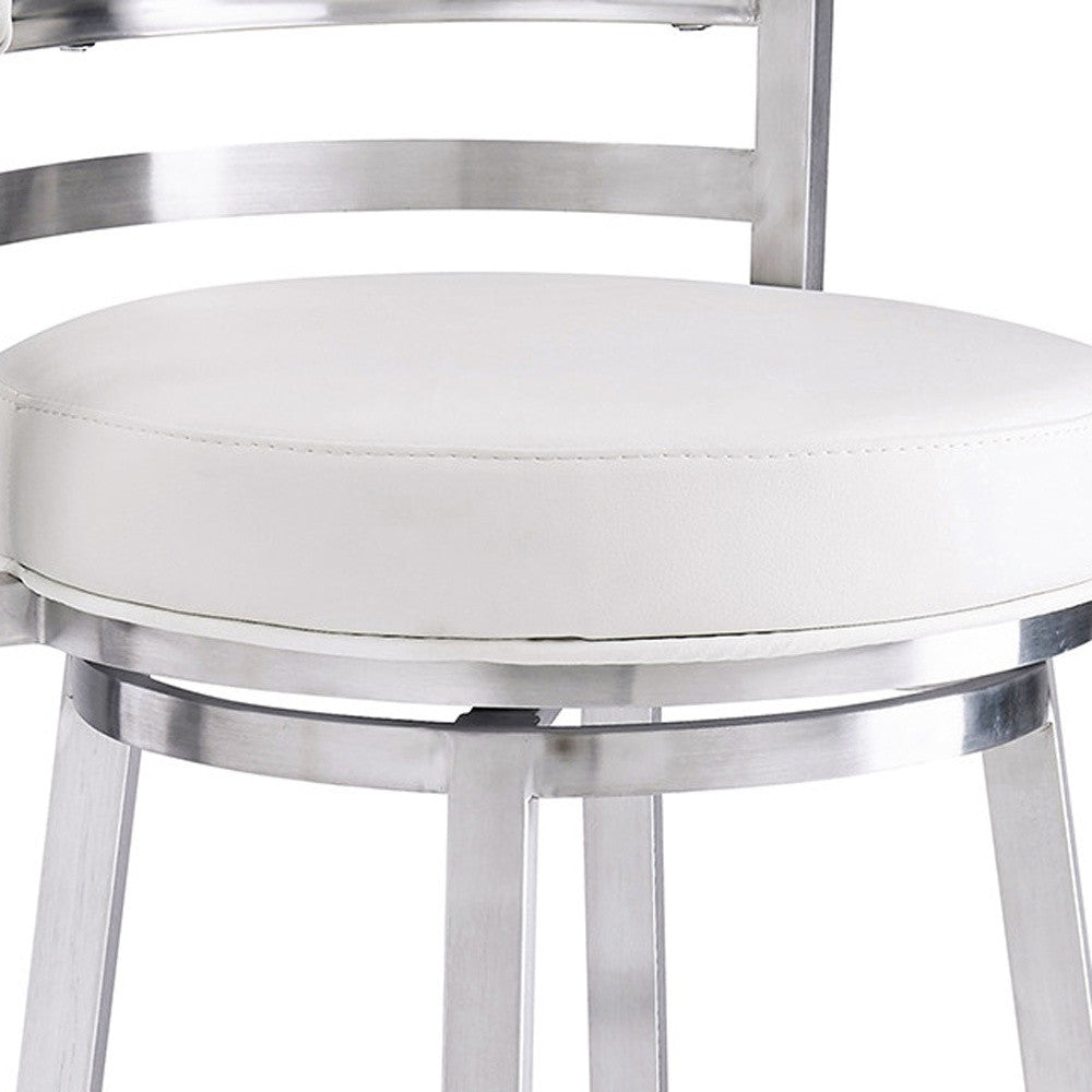 39" White And Silver Faux Leather Swivel Low Back Bar Height Chair With Footrest