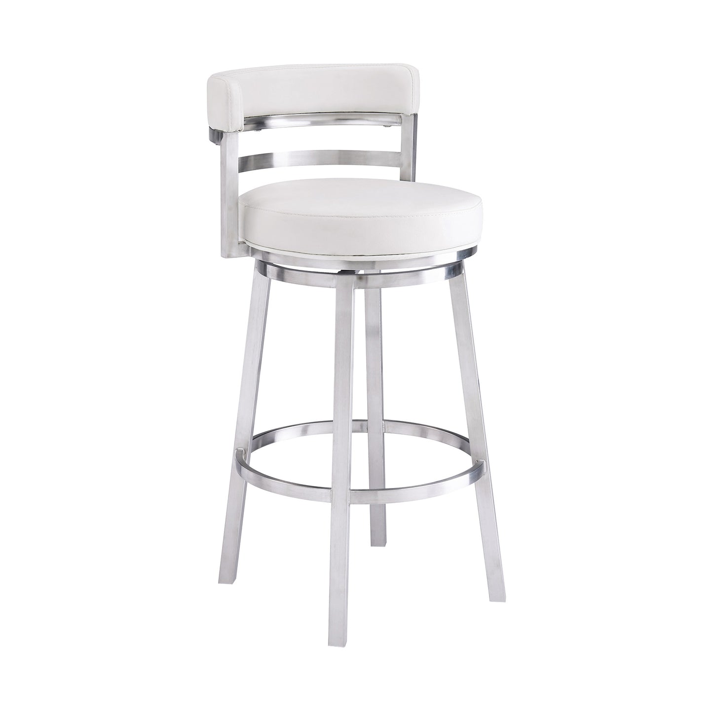 35" White And Silver Faux Leather And Iron Swivel Low Back Counter Height Bar Chair With Footrest