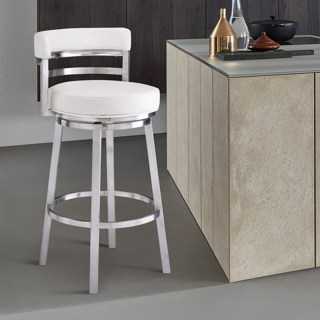 35" White And Silver Faux Leather And Iron Swivel Low Back Counter Height Bar Chair With Footrest