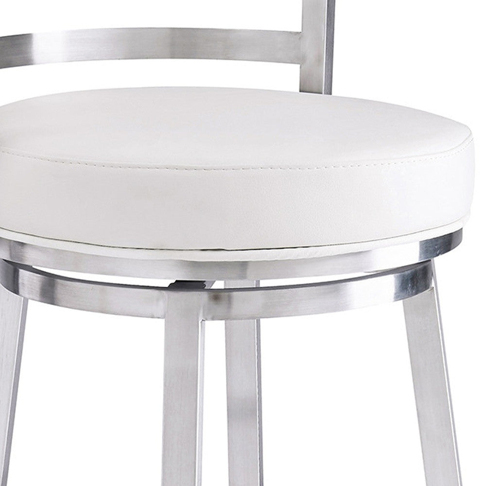 35" White And Silver Faux Leather And Iron Swivel Low Back Counter Height Bar Chair With Footrest