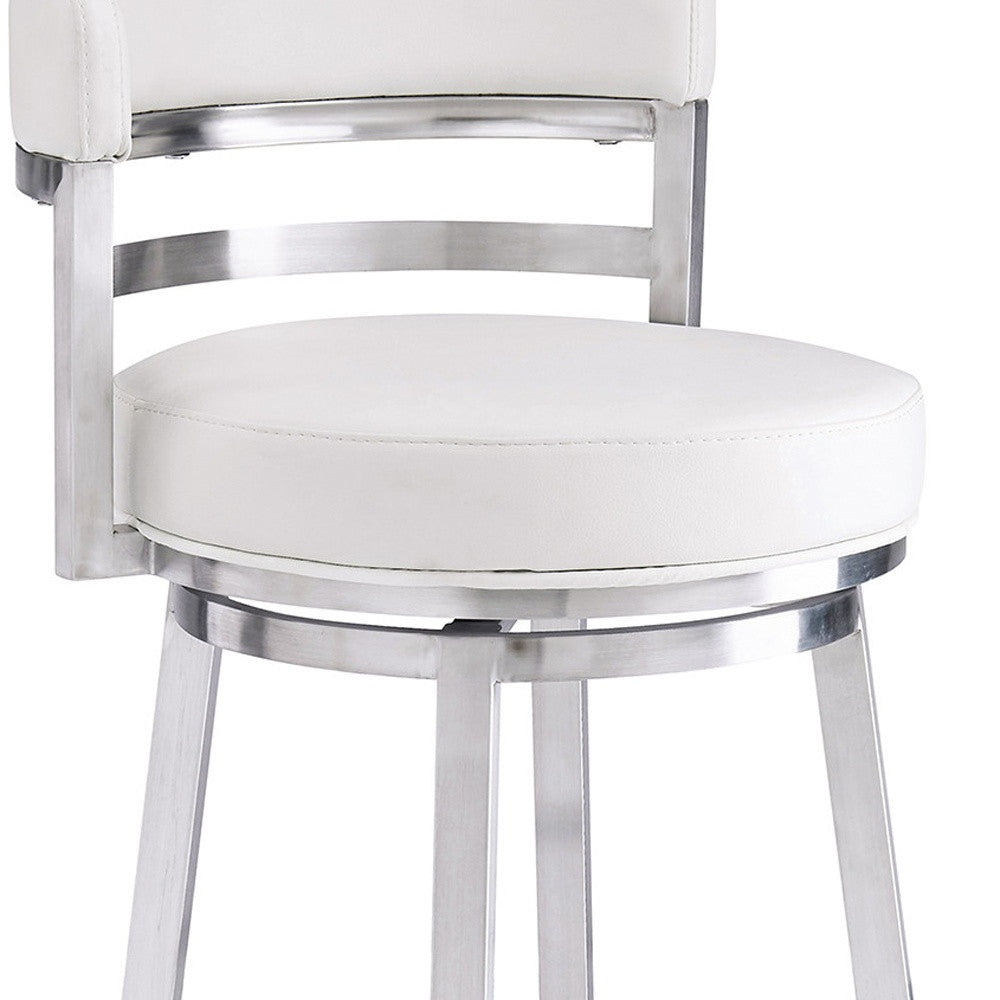 35" White And Silver Faux Leather And Iron Swivel Low Back Counter Height Bar Chair With Footrest