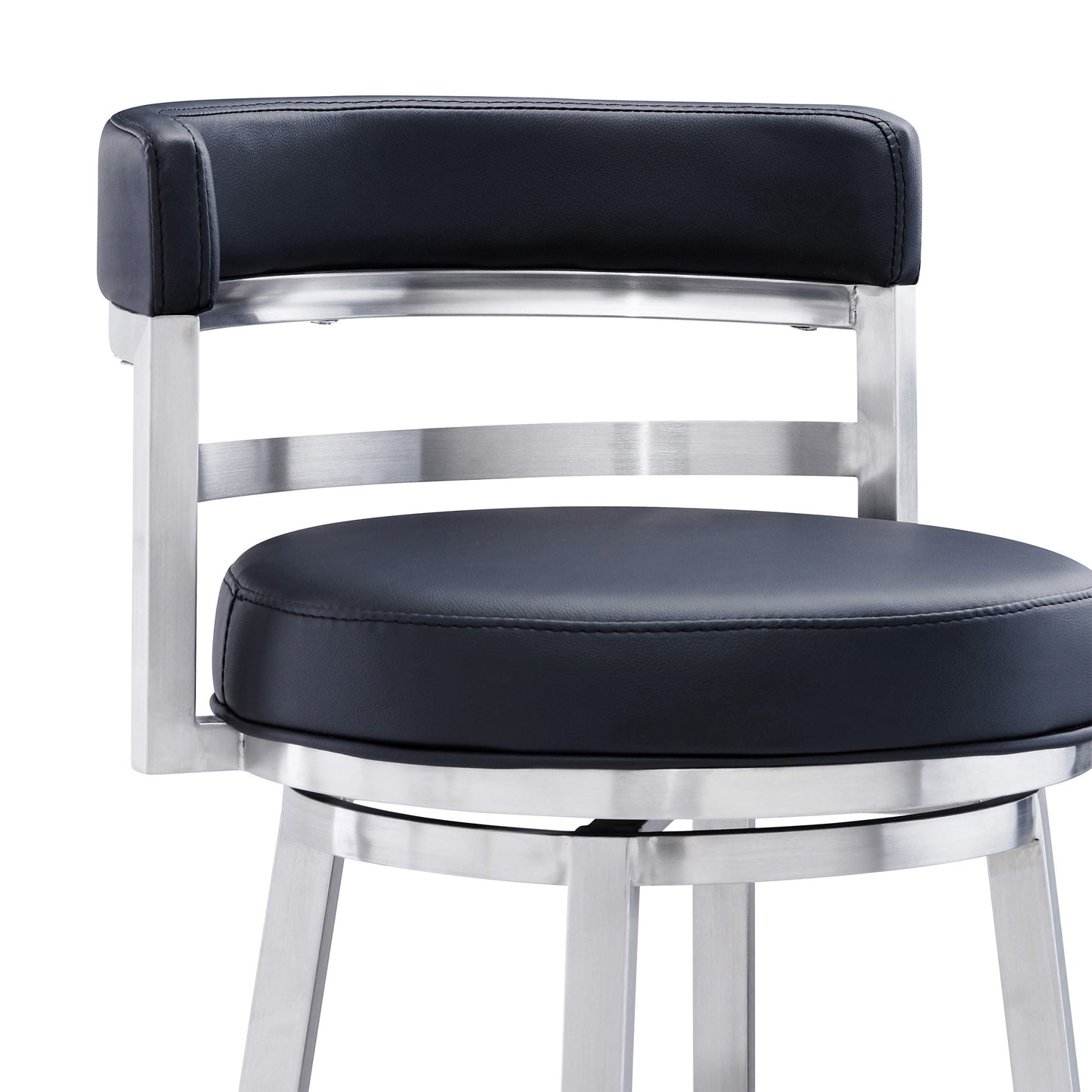 39" Black Faux Leather And Iron Swivel Low Back Bar Height Chair