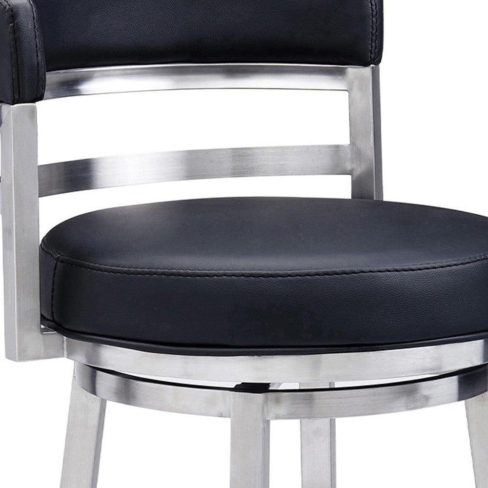 39" Black Faux Leather And Iron Swivel Low Back Bar Height Chair
