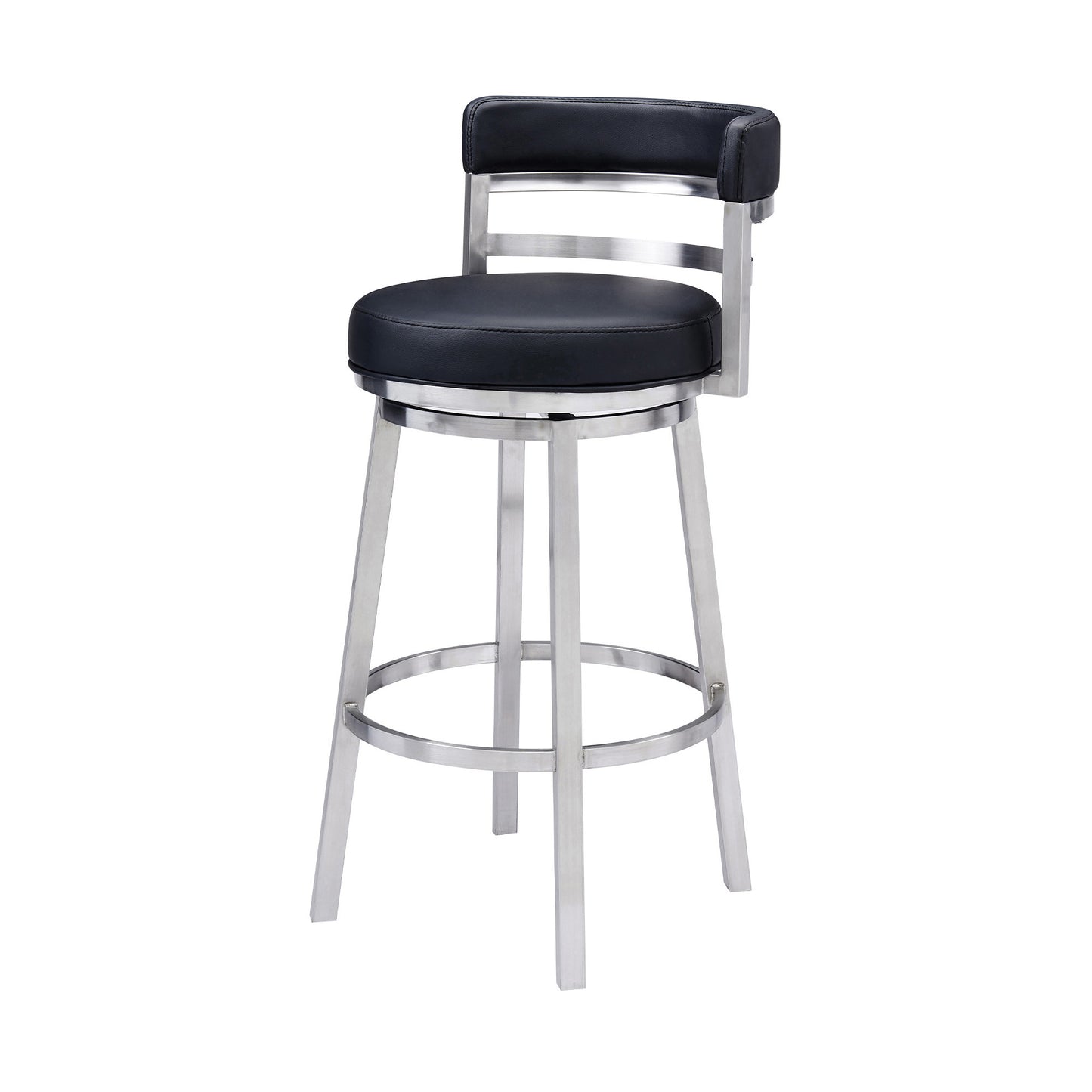 39" Black Faux Leather And Iron Swivel Low Back Bar Height Chair