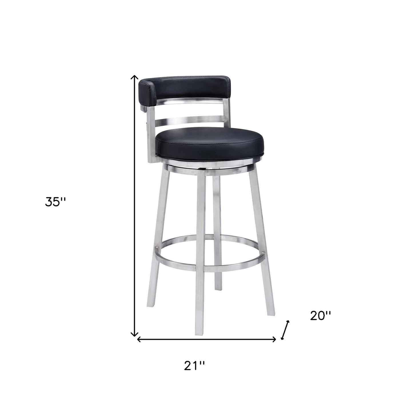 35" Black Faux Leather And Iron Swivel Low Back Counter Height Bar Chair