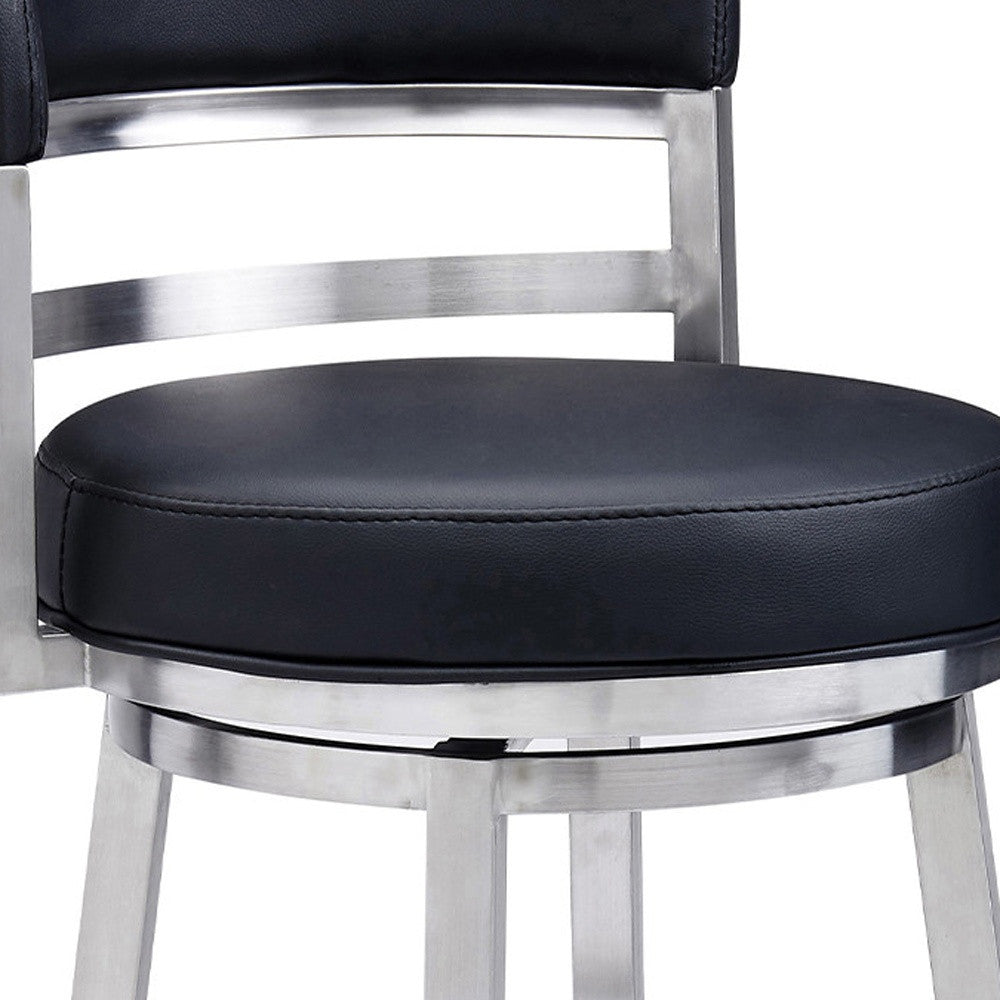 35" Black Faux Leather And Iron Swivel Low Back Counter Height Bar Chair