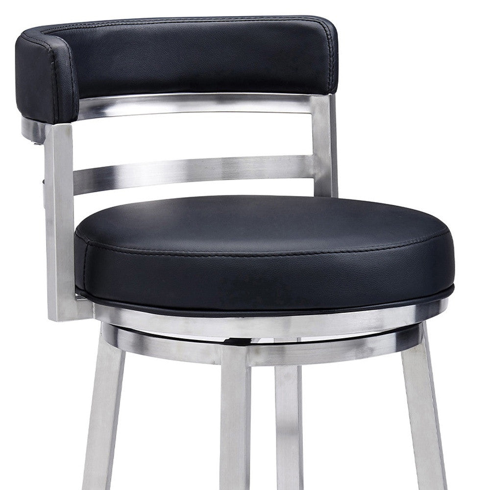 35" Black Faux Leather And Iron Swivel Low Back Counter Height Bar Chair