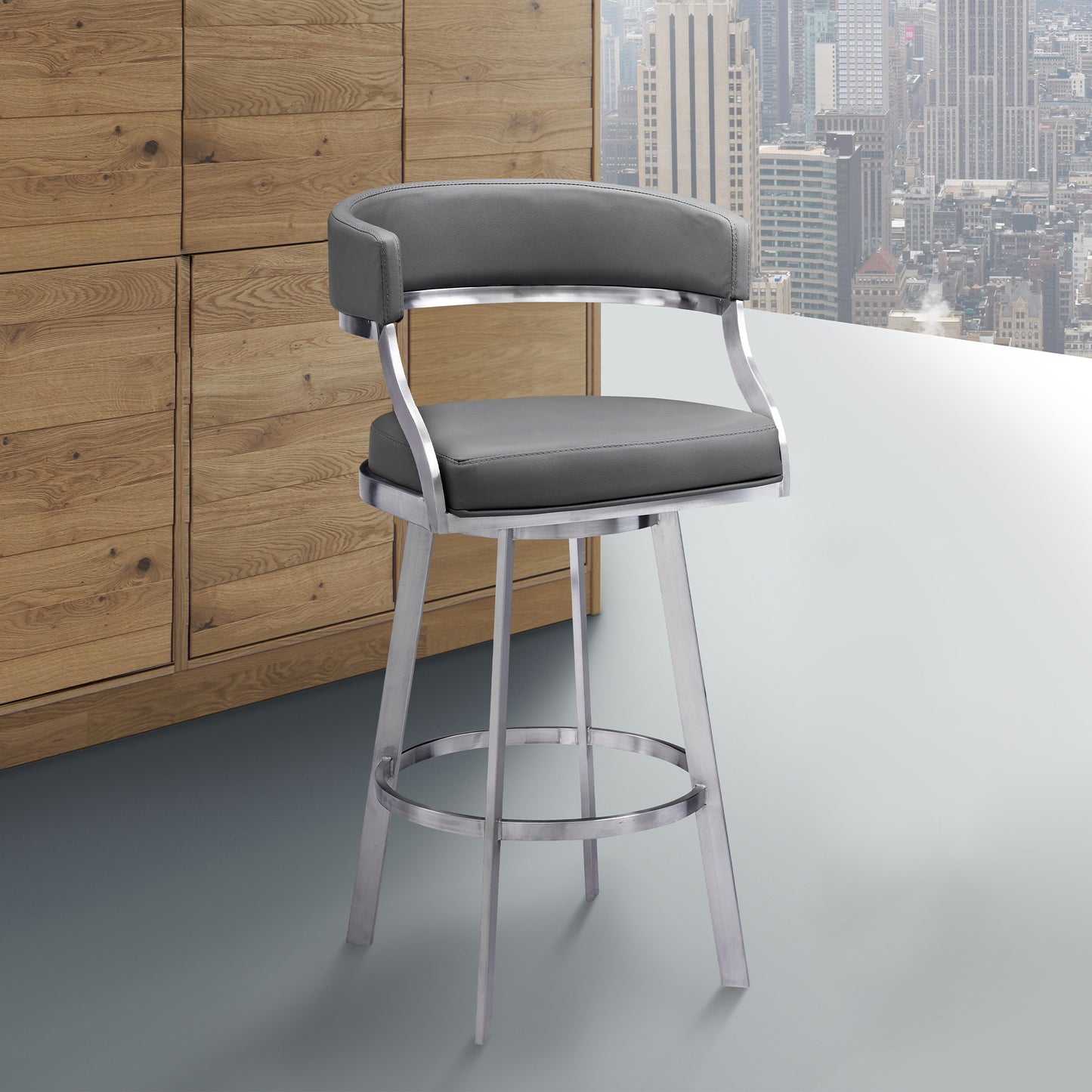 38" Gray Faux Leather And Iron Swivel Counter Height Bar Chair