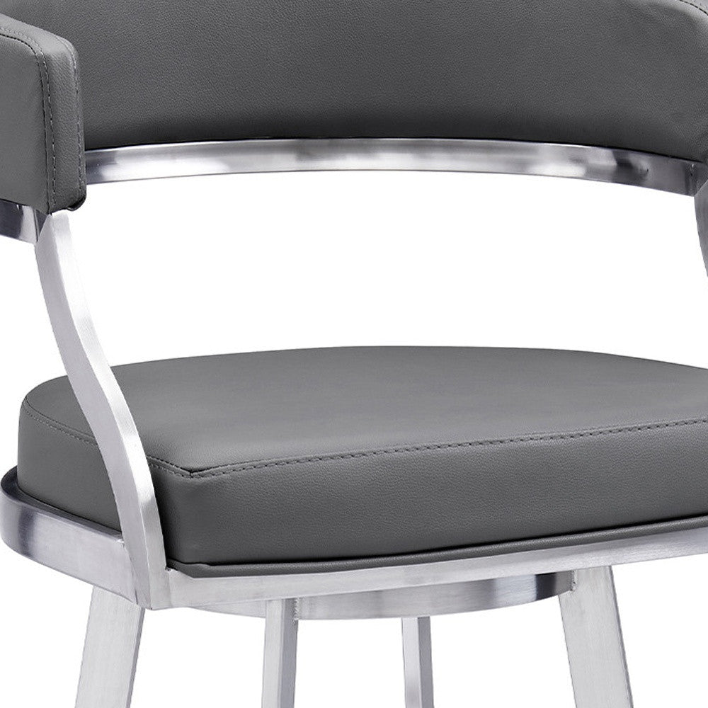 38" Gray Faux Leather And Iron Swivel Counter Height Bar Chair