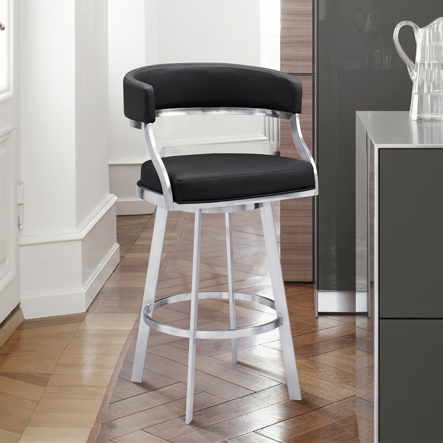 38" Black Faux Leather And Iron Swivel Counter Height Bar Chair