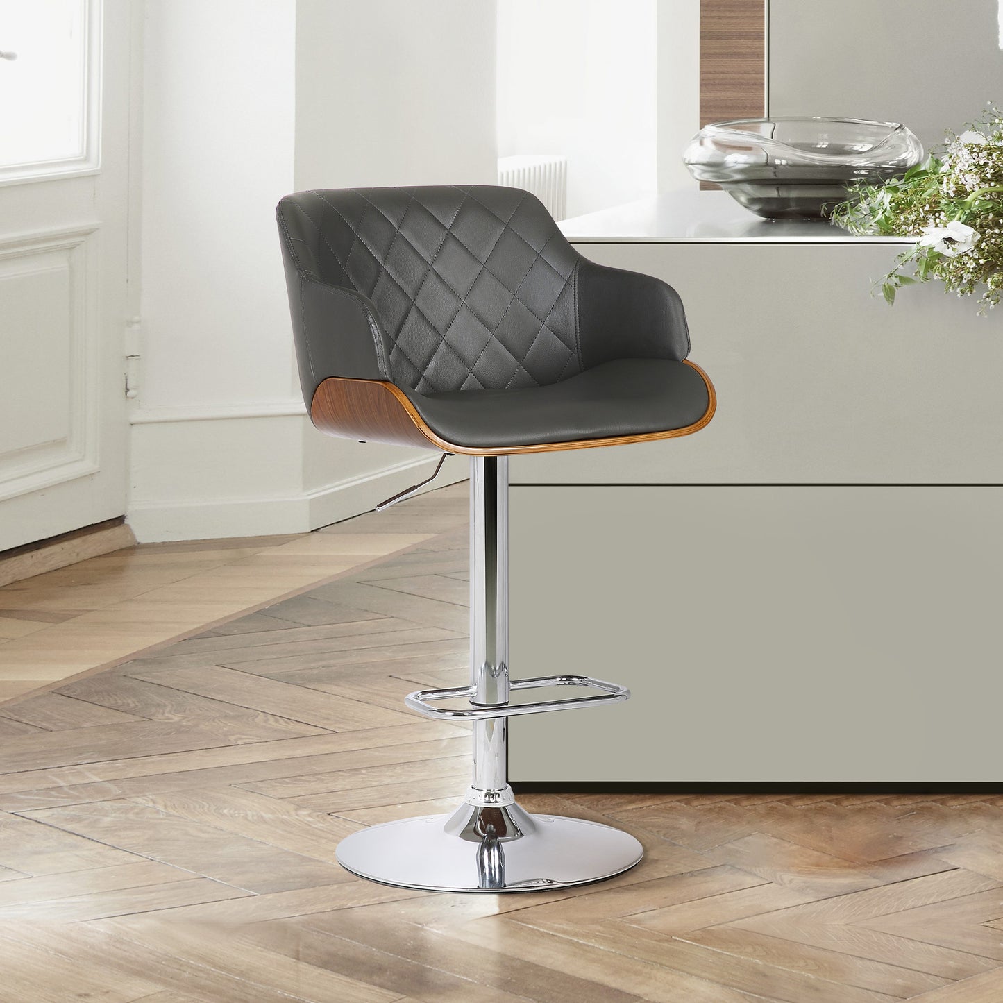 44" Gray Faux Leather And Iron Swivel Adjustable Height Bar Chair